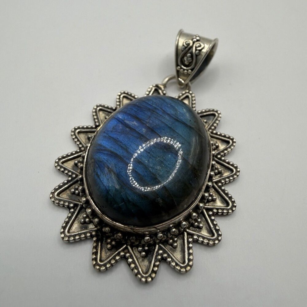 Labradorite Sterling Silver Pendant Blue Flash Sunburst 2.5" Statement